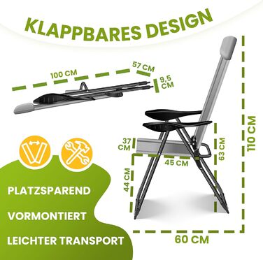 Крісла садові розкладні KESSER® 2 шт. з високою спинкою, алюміній, 7 положень, з підлокітниками, сітчасті, для балкону, тераси, кемпінгу