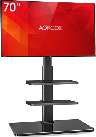 AOKCOS TV Stand for 32-70 inch Flat & Curved TVs - Adjustable Height, Swivel, Tilt, 3-Tier Shelves, VESA 400x400, up to 40kg (White/Black)