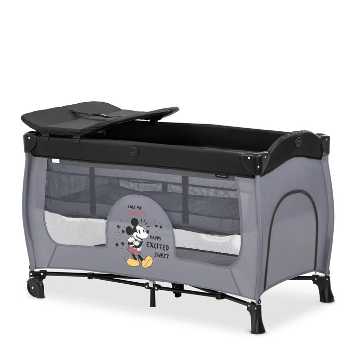 Hauck Travel Crib Sleep N Play Center with Newborn Nest, Changing Table, Carry Bag, Wheels, Crawl-Through Opening, Compact Folding, from Birth up to 15 kg (Disney Mickey Mouse Grey)