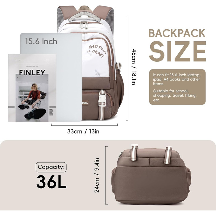 Шкільний рюкзак для підлітків, 36L, для дівчаток 3-9 класів, великий, стильний, для ноутбука 16 дюймів, підходить для валізи (колір: коричневий)