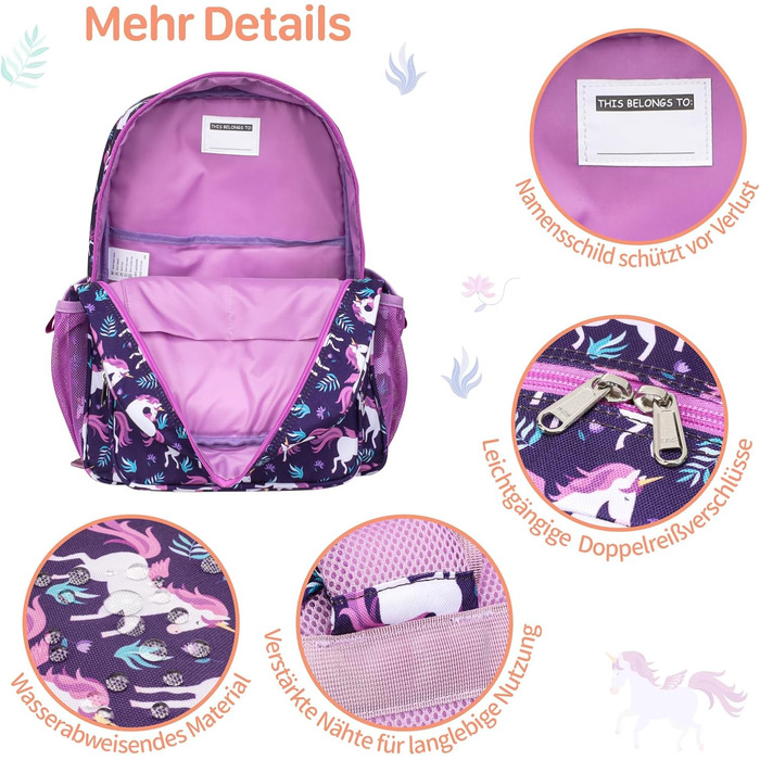 Дитячий рюкзак Bagseri Kinderrucksack для дівчаток 15L, легкий рюкзак для школи та 1-2 класу, з нагрудним ременем та ізотермічним відділенням, сумісний з DIN A4, з світловідбиваючими елементами, Deep Purple Einhorn