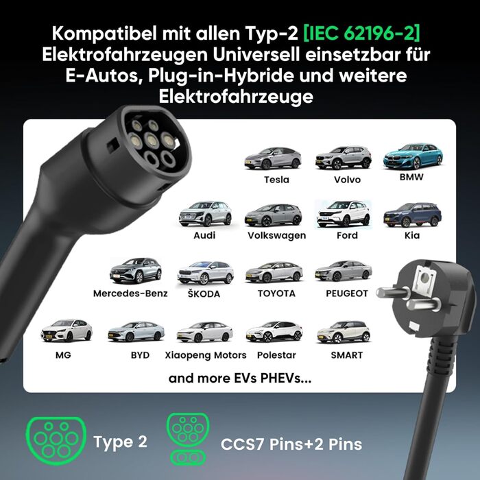Кабель для електромобіля GONEO Typ 2 Schuko, 10м, 16A, 3.68 кВт - Портативна зарядка з захистом FI, автоматичним заземленням та контролем температури, таймер для електромобіля, сертифікат TÜV