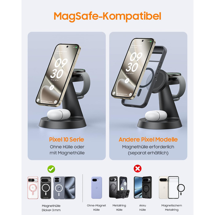 Бездротова зарядна станція 3 в 1 Meifigno 25W для Google Pixel Watch 3/2, 5, 4, чорна