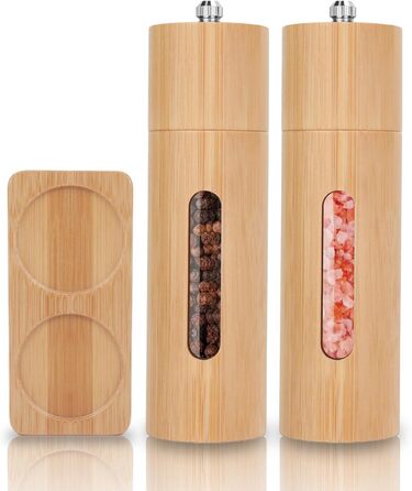 BOCHION Salt and Pepper Grinder Set of 2, Spice Grinder with Transparent Window and Coaster, Large Wooden Salt and Pepper Grinder with Manually Adjustable Ceramic Grinding Core, for BBQ, Restaurant, Kitchen, 18 cm