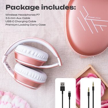 PowerLocus P7 Bluetooth навушники Over-Ear, складні, бездротові з басами, Hi-Fi стерео, з функцією гучного зв'язку, USB-C зарядка, тривалий час роботи, для iPhone/PC/TV (Line Rose Gold)