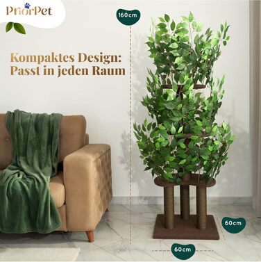 Дерево для котів з листям – Стабільний та компактний – 4 поверхні для дряпання та 3 стовпчики – Ідеально для лазіння, ховання та сну – Легка збірка – Безпечний та довговічний cat tree з натуральних матеріалів