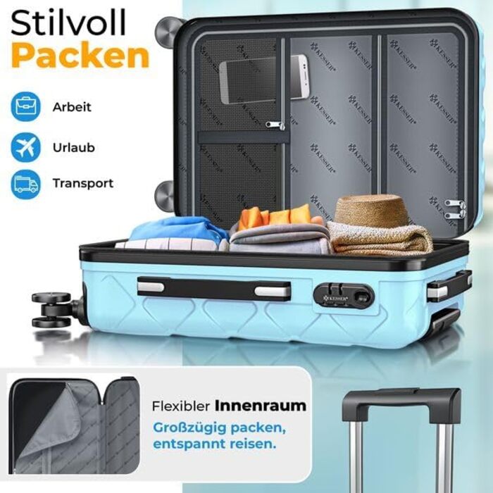 Набір валіз KESSER® 3 шт. | Валізи з ABS, кодований замок, ваги, органайзер, 360° колеса | Ручна поклажа та великі валізи для подорожей та бізнесу (Скай Блю)