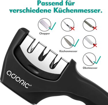 Точилка для ножів Adoric з 3 ступенями, вольфрамовий сталь, діамант, кераміка, чорна