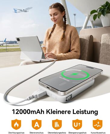 Магнітний Power Bank для MagSafe 12000mAh 22.5W з PD, LED-дисплеєм та USB-C для iPhone 17/16/15/14/13/12 Pro Max, білий