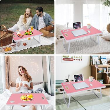 Стіл для ноутбука в ліжко, складний з USB, ручка, кишеня для карток, підсклянник, бічна шухляда, рожевий