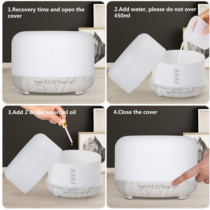 Аромадифузор Hianjoo 450мл з таймером, ультразвуковий, 7 кольорів LED, з пультом ДУ, для спа/офісу/йоги - білий