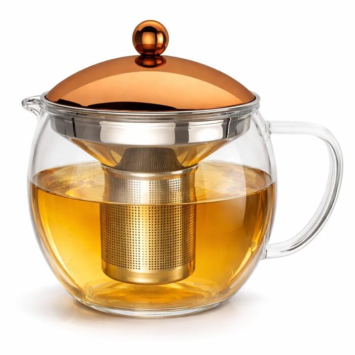 Скляний чайник Teekanne 1,5л з ситом із нержавіючої сталі та кришкою під мідь, заварник із боросилікатного скла для листового чаю