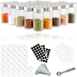 Kesign 20-Piece Spice Jar Set - with high-quality stainless steel lids - round spice containers incl. labels, shaker insert, funnel, and stainless steel spoon for spices - Perfect storage for the kitchen
