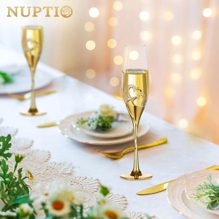 Кришталеві келихи для шампанського NUPTIO: 2 шт. для весілля, ювілею, подарунок нареченій та нареченому, золотий колір