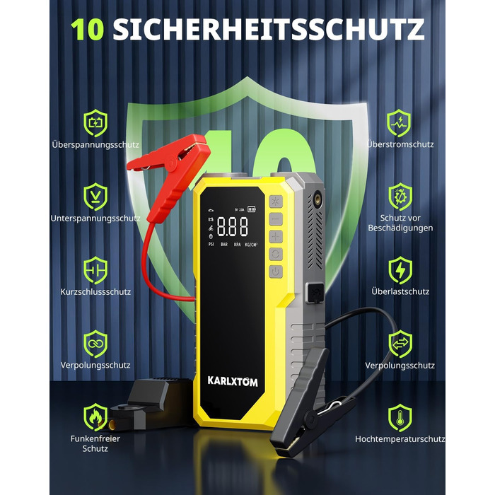Powerbank для авто Karlxtom з компресором 190PSI, 88Wh, 4500A, LED-ліхтар, LCD-дисплей, для бензинових та дизельних двигунів (до 10L)