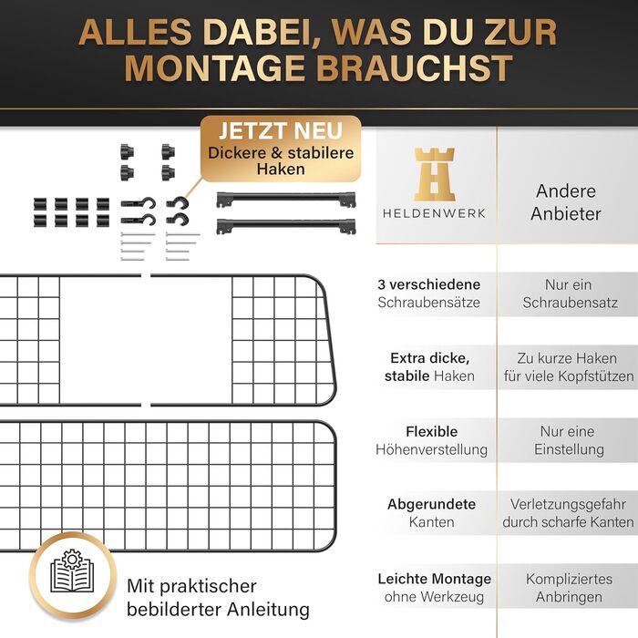 Універсальна сітка для багажника для собак HELDENWERK - автосітка для транспортування собак - захисна сітка з кріпленням підголівника - регульована сітка для багажника, чорна