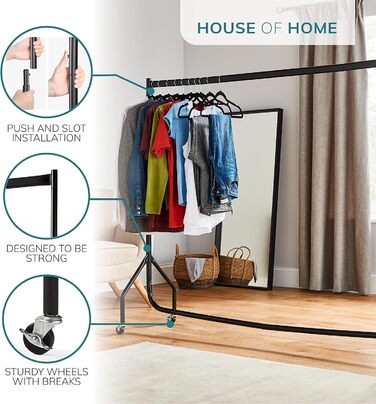 House of Home Robust Metal Clothes Rail with Wheels – 1-Tier Replacement for a Wardrobe with a Single Rail – Clothes Rack for Hanging – Storage