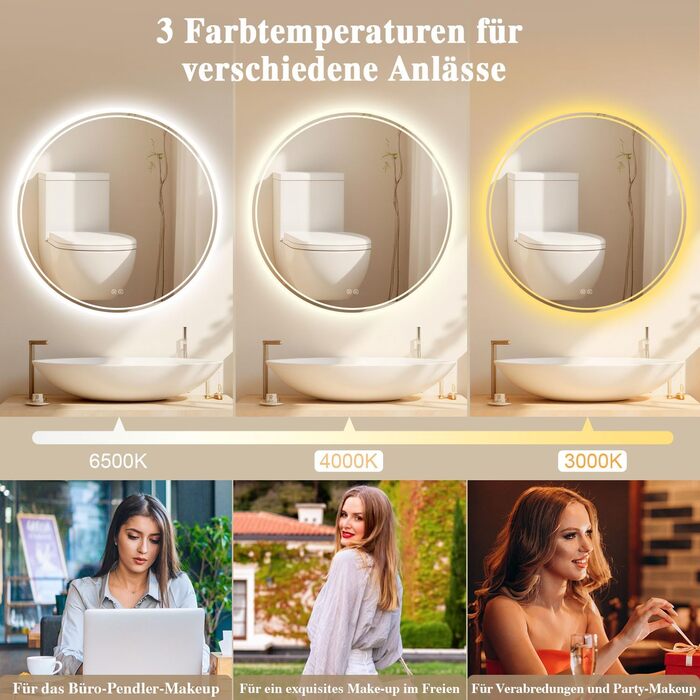 Дзеркало для ванної кімнати з підсвічуванням LED, антизапар, сенсорне управління, регулювання яскравості, 3 кольори світла, функція пам'яті, захист від вибуху, кругле дзеркало 50 см