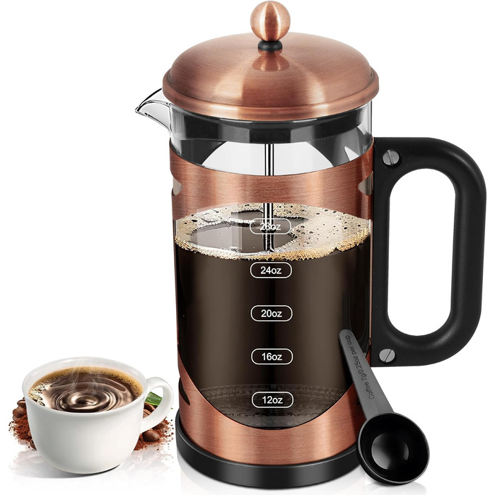 YMMIND 963.9 g French Press Coffee Maker Copper Stainless Steel Coffee Press, with 4-Stage Filtration System, Heat-Resistant Thick Borosilicate Glass, BPA-Free Brewed Coffee Pot for Camping Gifts