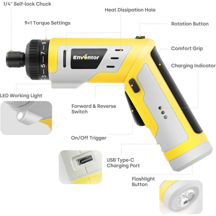 Mini акумуляторний шуруповерт Enventor 6 Nm, 4V, 2000 mAh, LED, USB, 25-ти шт. біт, з LED-підсвічуванням, 3 режими крутного моменту, з біт-подовжувачем, гнучкий вал (модель 95202)