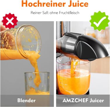 AMZCHEF Juicer for Vegetables and Fruits - Test Winner - Slow Juicer with Reverse-Masticating Function - Gentle Crushing Without Filtering - Electric Juice Press with Brush and 2 Cups - Orange