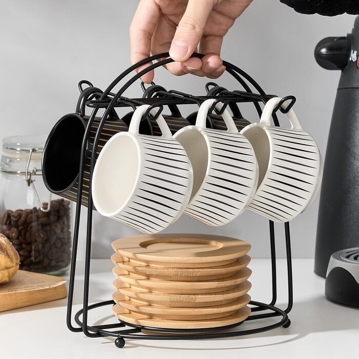 Набір керамічних кавових чашок з блюдцями LUKA, 6 шт., 118 мл, порицелан, для еспресо, лате, кави, мокко, чаю, смугастий дизайн, білий та чорний колір