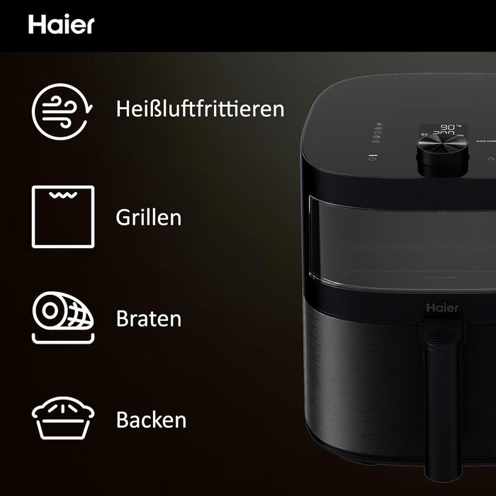 Аерофритюрниця Haier 7 л з вікном, 9 програм, 1700 Вт, LED-дисплей, без олії, для здорового приготування, серія 5 HAF5TWA3, посудомийна, з аксесуарами