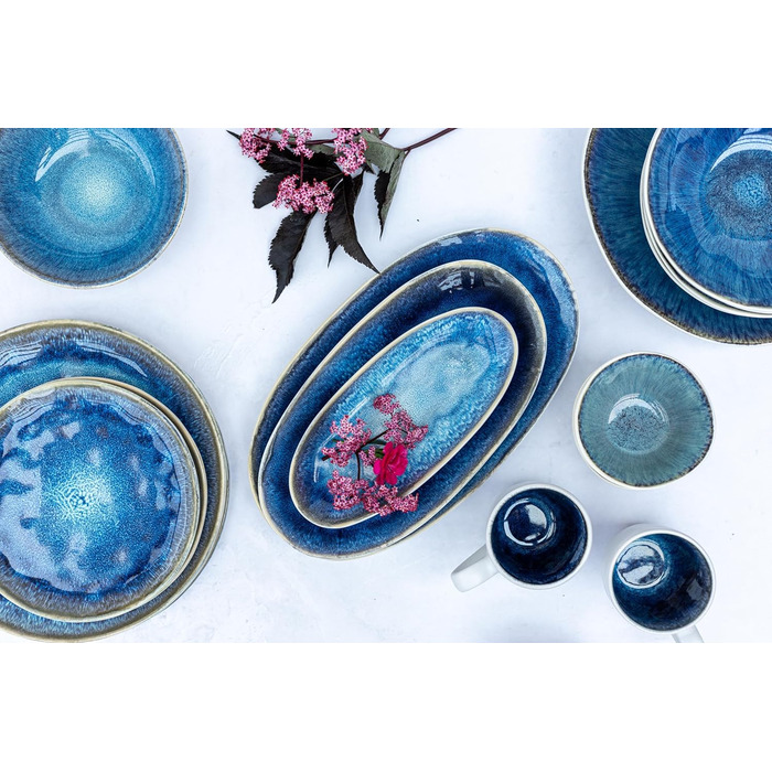 MÄSER Frozen Series Set of 3 Serving Plates, Ceramic Serving Dishes in 3 Sizes, Modern Vintage Look, Colorfully Speckled Glaze, Stoneware, Blue Small