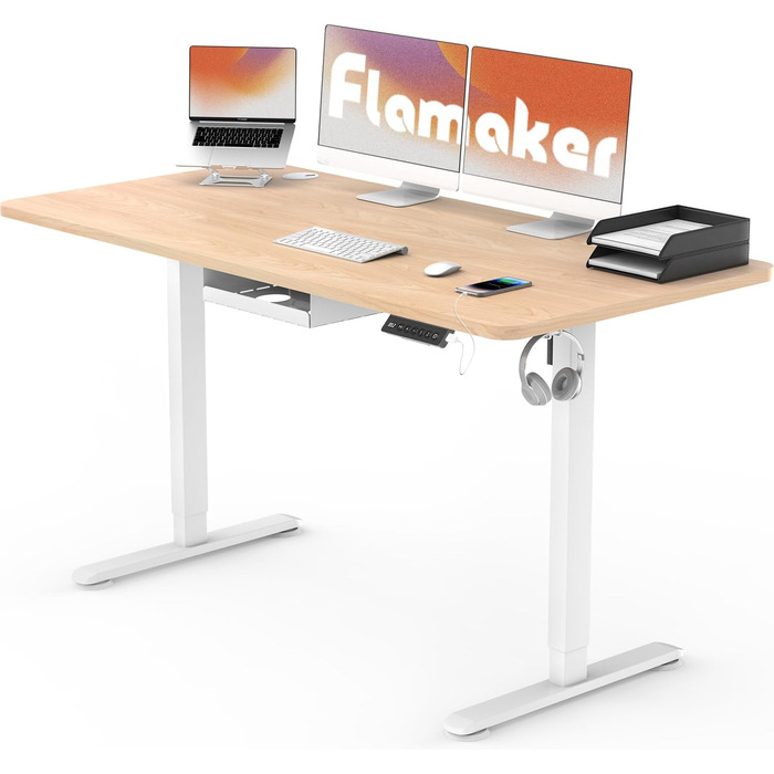 Електричний регульований стіл Flamaker 110x53 см з пам'яттю, USB зарядкою, сидяча-нагадування, бежево-білий