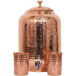 Ручний мідний диспенсер для води 4 л Matka Ayurveda з 2 склянками — глечик для зберігання та подачі води, молоткова обробка, лікувальний ефект