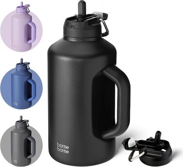 BOTTLE BOTTLE Insulated Water Bottle with Straw and Double Lid, Stainless Steel Sports Water Bottle for Men, with Handle, Vacuum Stainless Steel, for Workout and Sports, 1.8L, Black