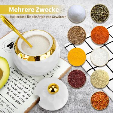 Керамічні солянки та цукерниці з кришкою та ложкою, зелений малюнок мармуру (білий)