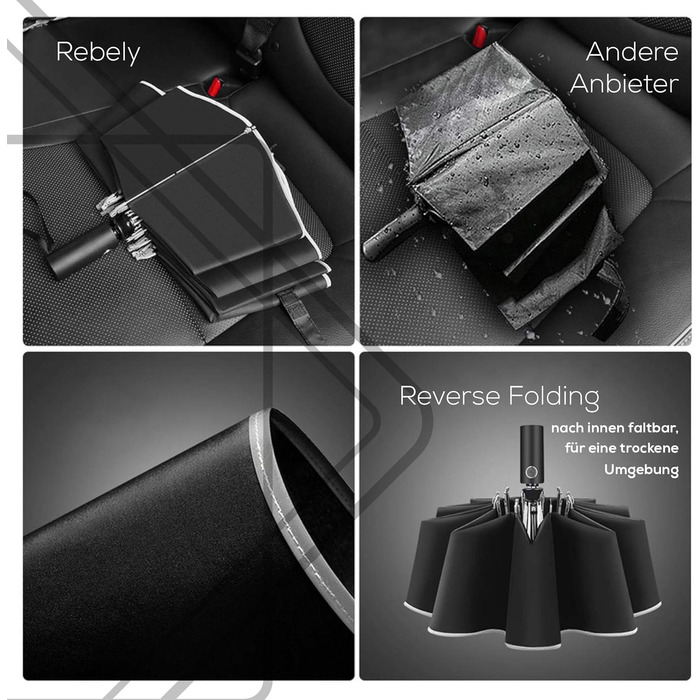 Стійка до вітру парасолька – надміцна з 12 спицями. Зручне складання без крапель – компактний, для жінок та чоловіків. Автоматичне відкриття – світловідбиваючі елементи на краю.