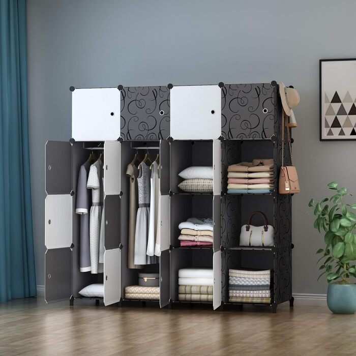 HOMIDEC Wardrobe, Portable Shelving System, 20 Cube Closet made of Plastic with 2 Clothes Rails, Bedroom Wardrobe Closet White for Bedroom, 180 x 142 x 45cm (16 cube, White & Black)