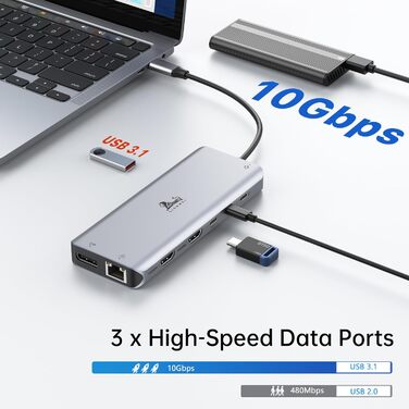 Док-станція USB-C 13-в-1 для ноутбука: 2 HDMI, DisplayPort, 100W PD, SD/TF, Ethernet, Audio/Mic (сірий)