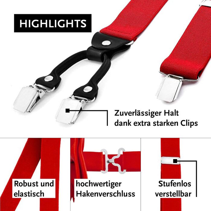 Підтяжки чоловічі DonDon Y-подібні, 3,5 см, еластичні, регульовані, комплект з метеликом 12x6 см, червоні