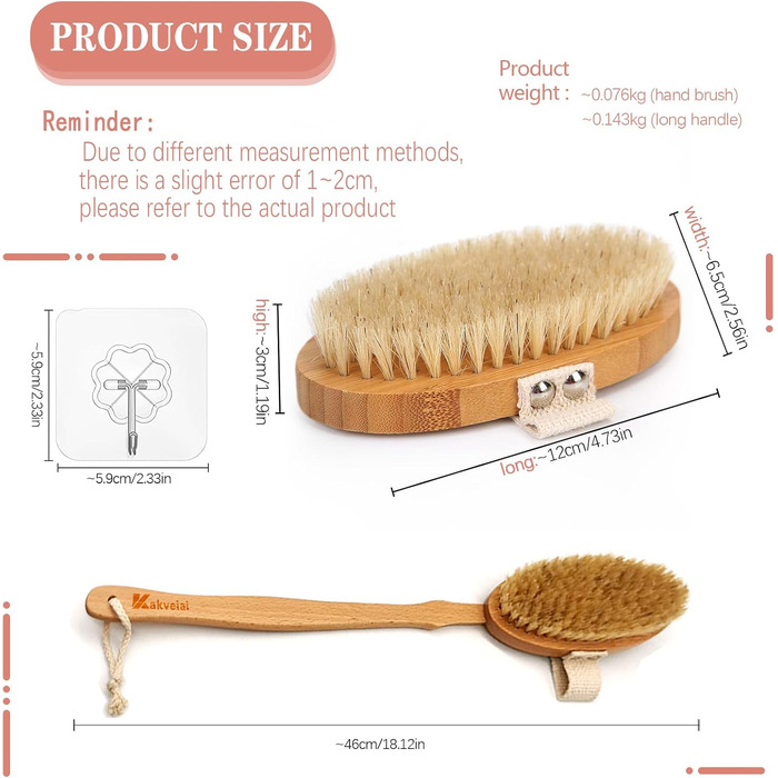 Щітка для тіла з довгим руків'ям, щітка для спини знімний руків'я, 2 насадки, для очищення тіла, скребок для спини в душі, натуральна щетина, Mango Largo