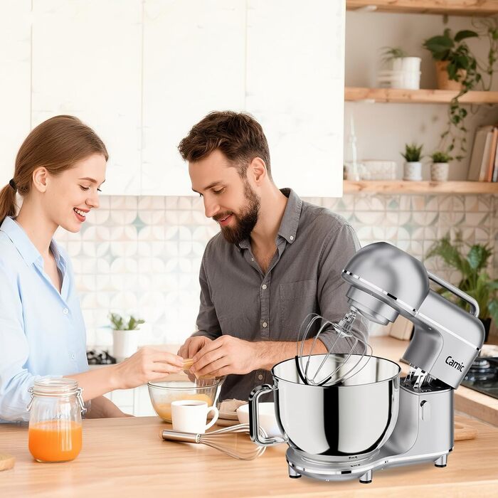 Кухонна машина Camic 2000W: планетарний міксер з чашею з нержавіючої сталі 7л, 10 швидкостями, набором насадок та захистом від бризок, сріблястий