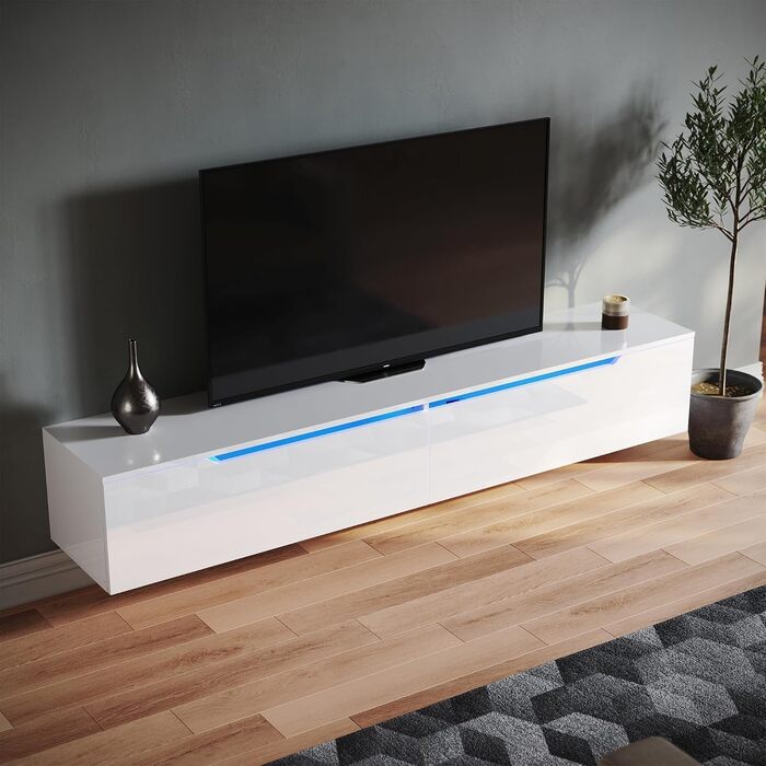 Підвісна ТВ тумба SONNI 180x35x30 см, білий глянець, з LED-підсвіткою 12 кольорів, без ручок, сучасний телевізійний стіл
