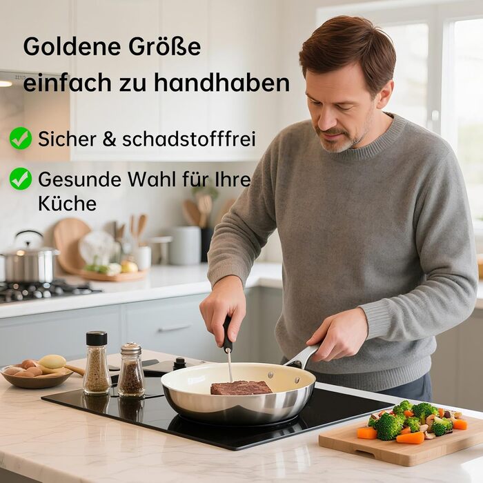 Набір сковорідок з керамічним антипригарним покриттям Tjean (без PTFE, PFOA, PFAS) з нержавіючою ручкою, підходить для індукційних, газових, електричних плит та духовки до 280°C (кремовий, 20+24+28 см)