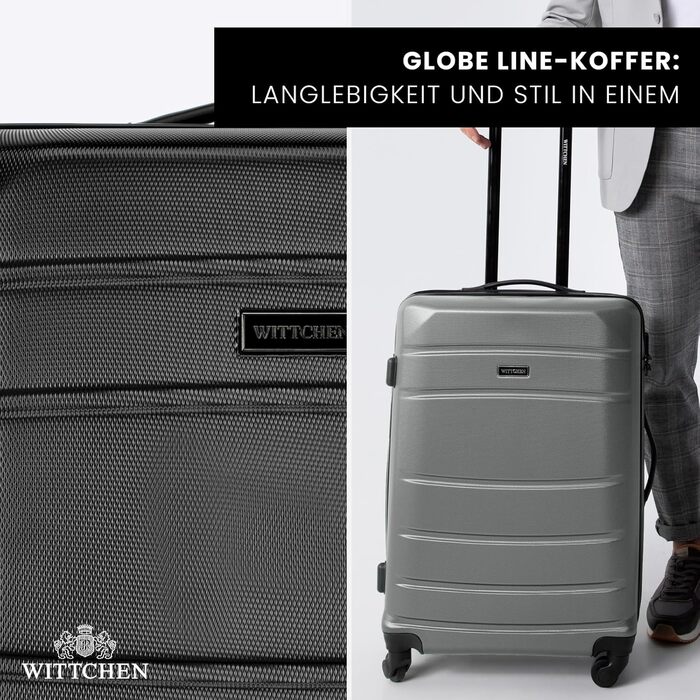 Набір валізWITTCHEN Globe Line: 4 валізи (великий, середній, маленький, ручна поклажа) з ABS-пластику, 4 колеса, кодовий замок, телескопічна ручка, чорний колір. Підходить для Lufthansa, Eurowings, Ryanair, Condor, Discover Airlines