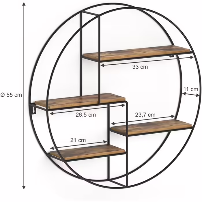 Vicco Wandregal Fyrk, Hanging Shelf, Rustic Oak/Black, 55 x 55 cm Round