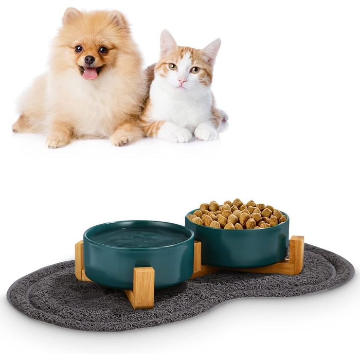 Миска для корму для собак та котів з кераміки з бамбуковим підставкою та антиковзним килимком (400 мл, 2 шт. - зелений)