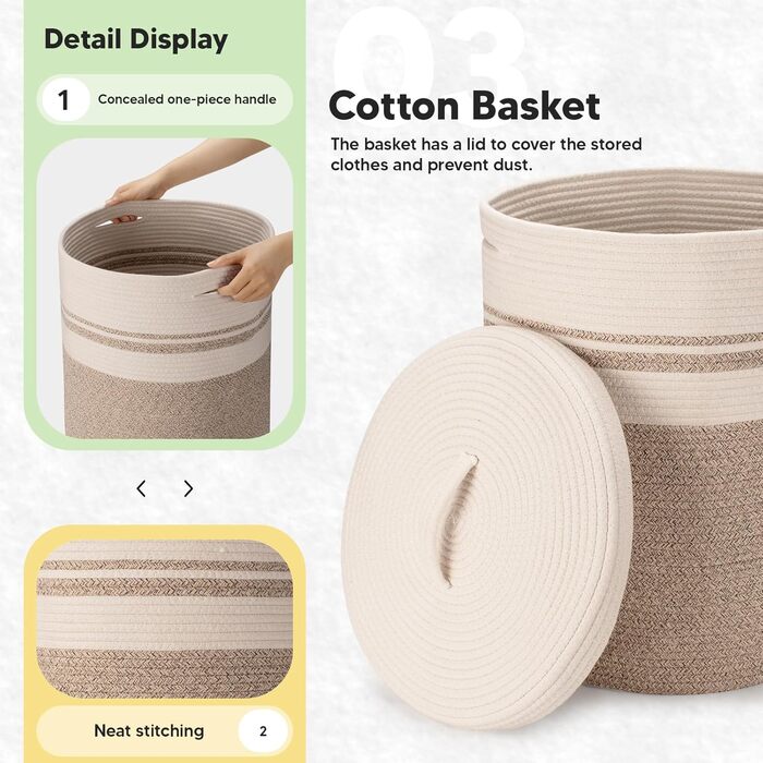 Rieeyrslza Laundry Basket with Lid for Blankets 58L Woven Cotton Rope Basket Cotton Rope Laundry Collector with Hollow Handle, for Living Room, Placing Blankets Pillows, 38 x 50cm (Brown)