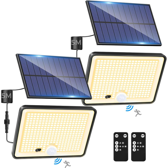 LOTMOS 2 Pack Solar Lights for Outdoor with Motion Sensor, 342 LED Outdoor Light Solar IP65 Waterproof Solar Spotlight 3 Modes with Remote Control, Solar Lamp Outdoor for Garden Garage Exterior (Warm White, 2 Pack)
