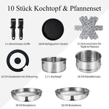 Набір каструль та сковорідок ROYDX з нержавіючої сталі 18/10 з знімними ручками, набір для індукційних плит, стікений, з кришкою, без PTFE PFOA, 10 предметів, придатний для миття в посудомийній машині та духовці