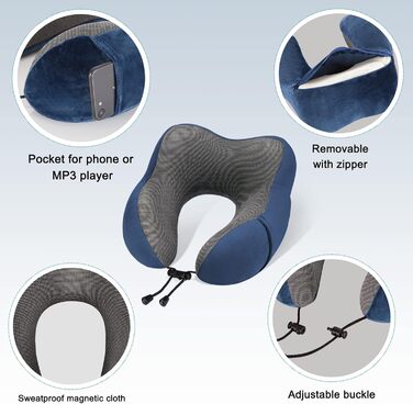 Подушка для шиї Eono з піною Memory Foam, ергономічна, для подорожей, з маскою для сну та навушниками, сумка, темно-синій