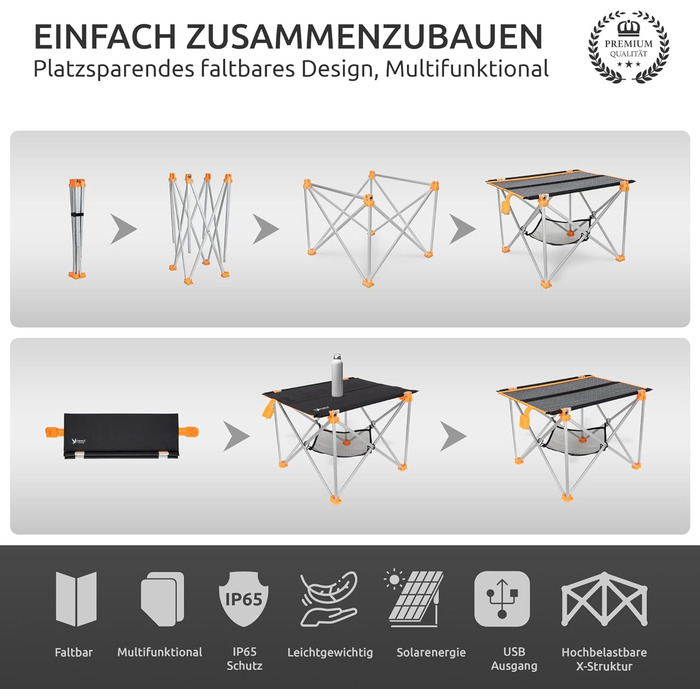 Сонячний складаний стіл з сонячною панеллю 33W та USB-зарядом для телефону | Легкий туристичний стіл для кемпінгу та відпочинку на природі
