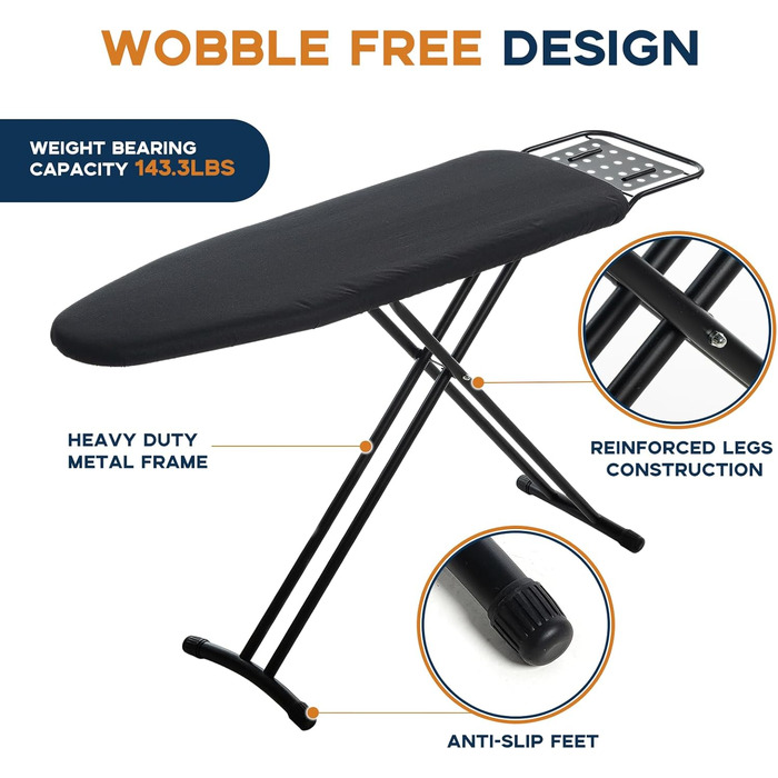 Гладильна дошка велика з підставкою для праски, 121×41 см, складна, для парогенератора, регульована по висоті, чорна