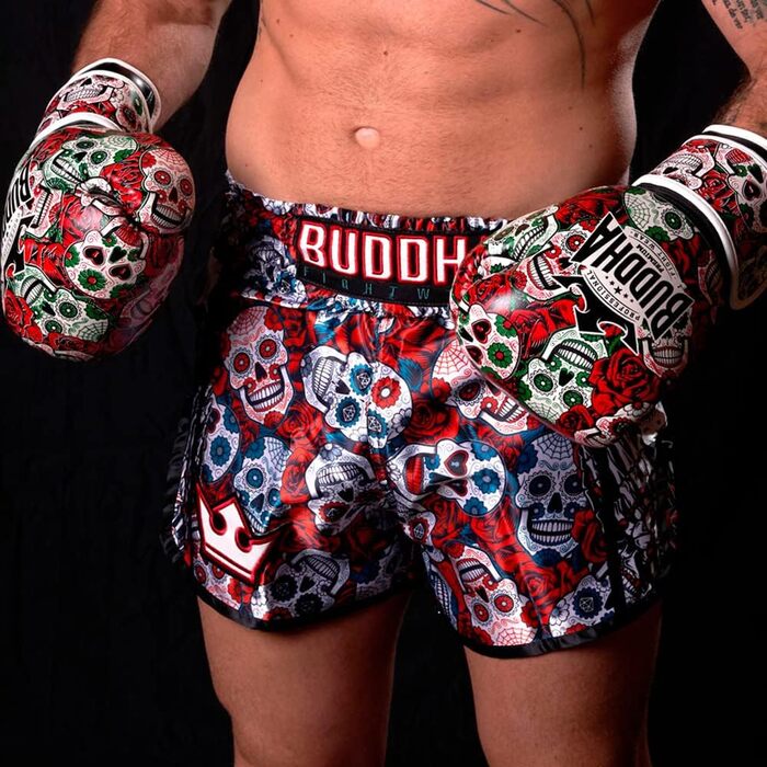 BUDDHA FIGHT WEAR Luzbel Boxing Gloves - Muay Thai & Kickboxing - Red 12oz Leather Interior - Reinforced Stitching - Multiple Designs